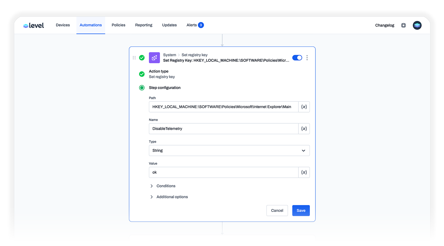Level automation action for setting a Windows registry key, with path, name, type, and value fields.