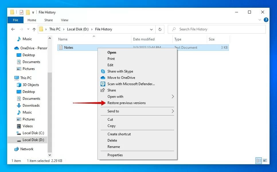 Restoring previous versions in Windows.