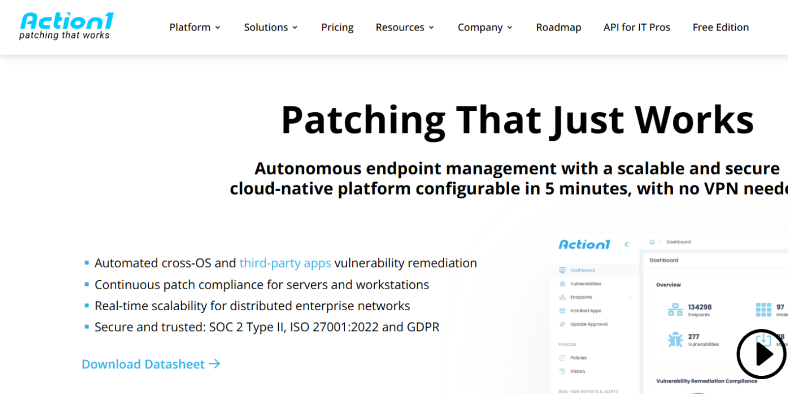 Action1 webpage headed “Patching That Just Works,” with an endpoint-management dashboard preview.