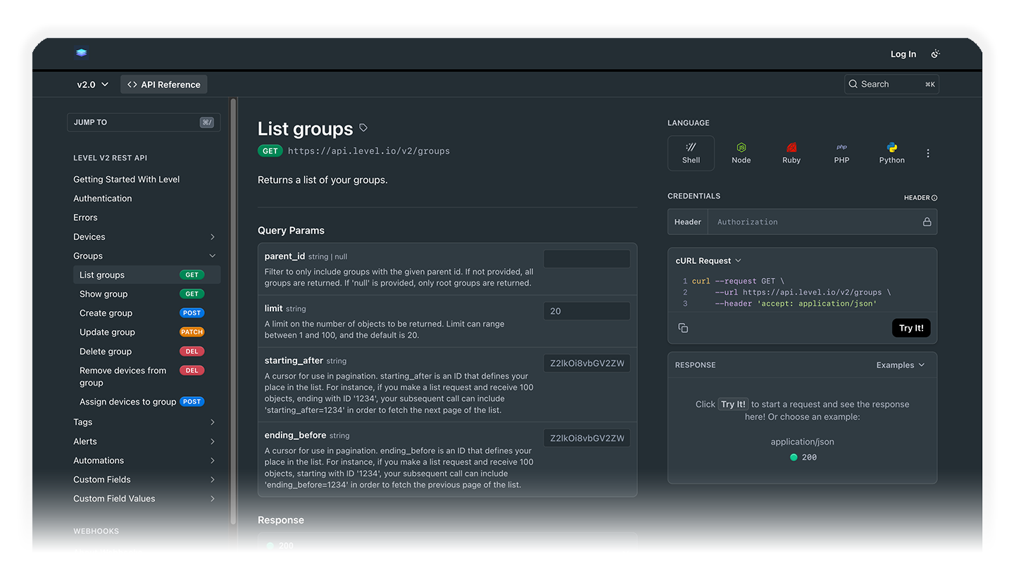 Level API reference for listing groups, showing query parameters, code examples, and a response preview.
