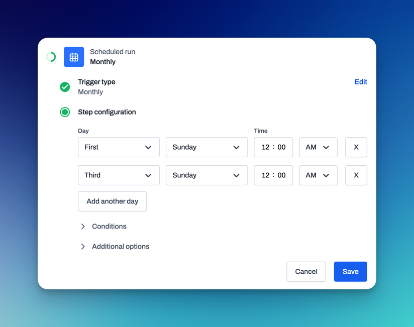 Automation trigger for scheduling monthly tasks such as system audits or reporting at specific times