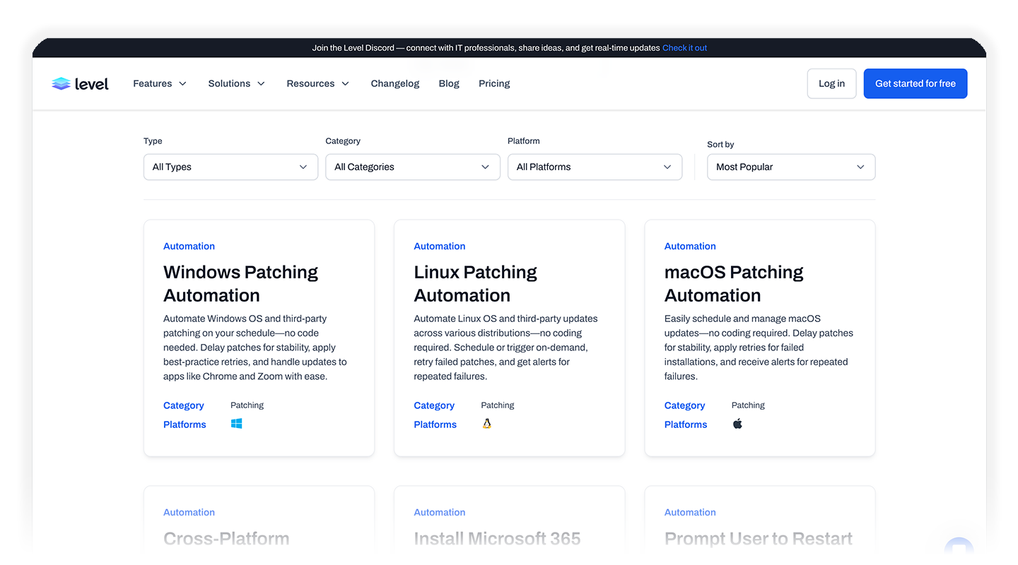 Level Library showing Windows, Linux, and macOS patching automation templates with type, category, platform, and sorting filters.
