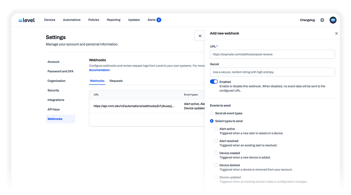 Level webhook settings with a URL, secret, enabled toggle, and device and alert event subscriptions.