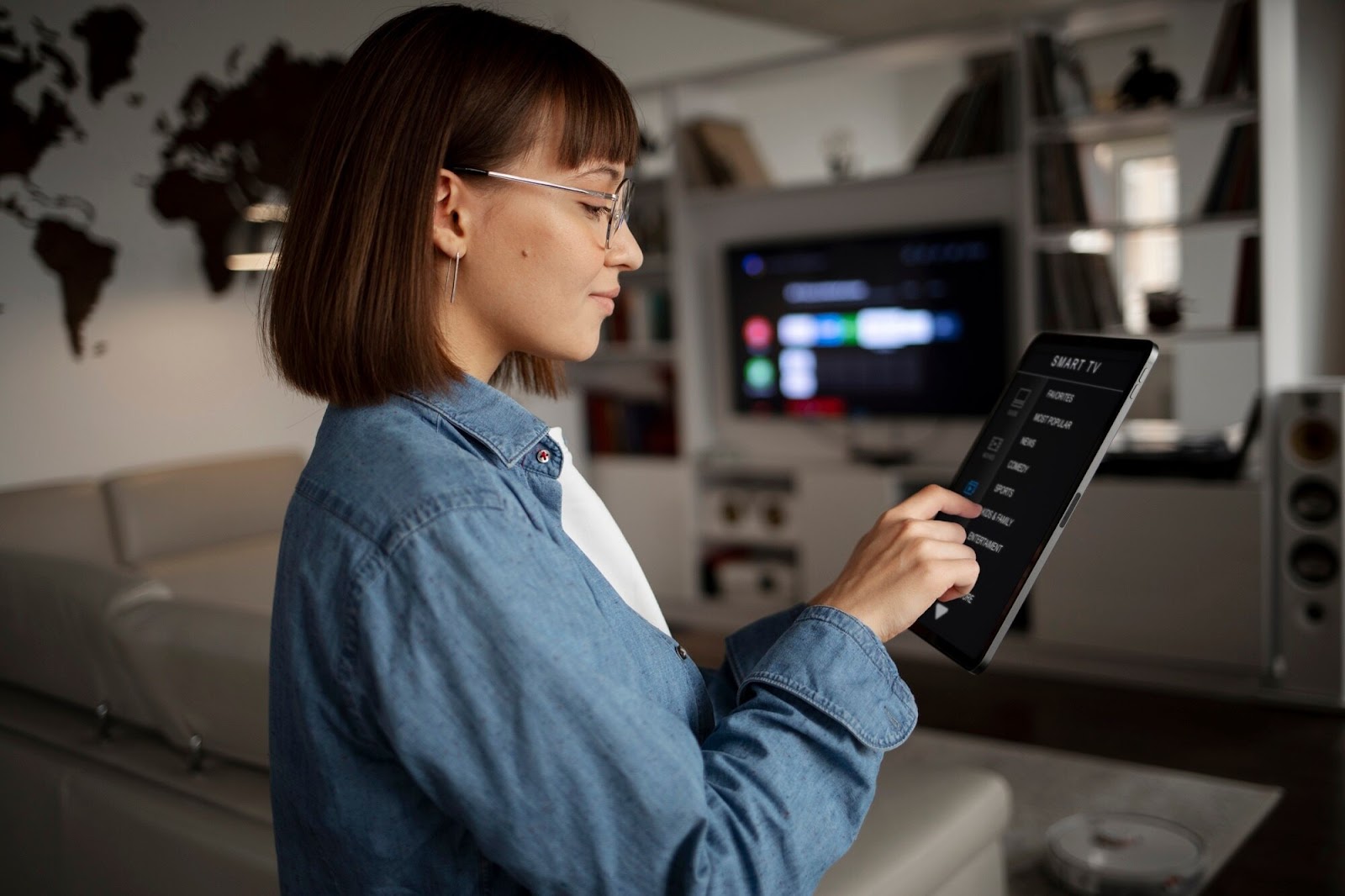 Woman using a smart TV remote