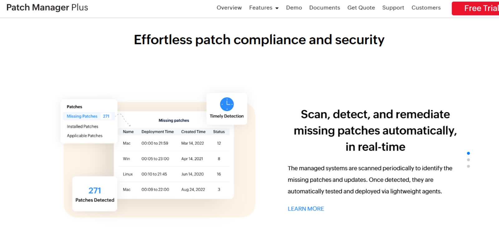 ManageEngine Patch Manager Plus webpage showing missing-patch detection and an automated patch-deployment dashboard.