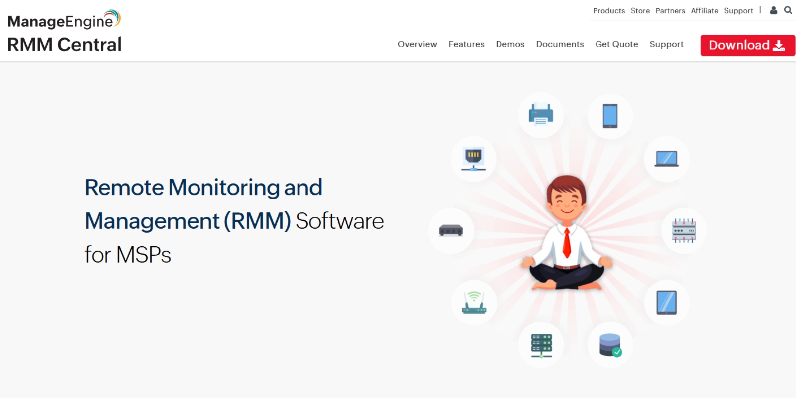 ManageEngine RMM Central webpage promoting remote monitoring and management for MSPs, illustrated by a technician surrounded by connected devices.