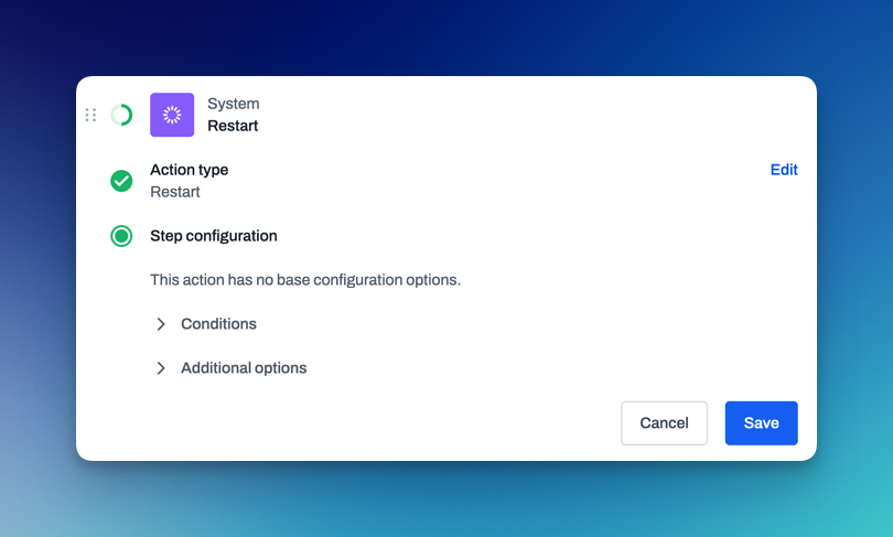 Automation action for remotely restarting devices to apply updates or resolve system issues