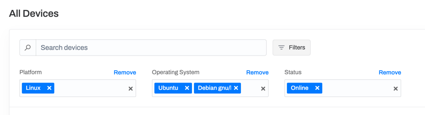 Set filters to refine the device list.