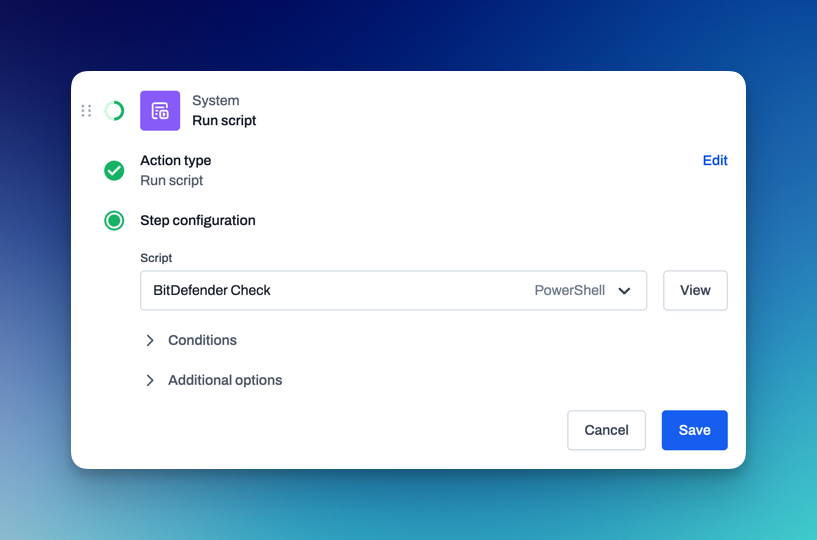 Automation action for running reusable scripts from a script library to ensure consistent IT task execution