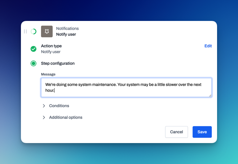 Automation action for sending real-time notifications to end-users across platforms during IT workflows