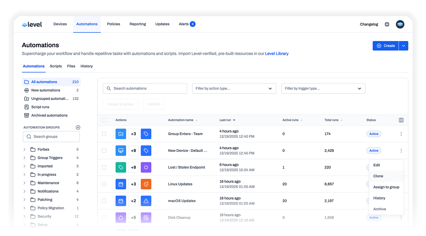 Level Automations list with device groups, workflow names, last-run results, and activity.