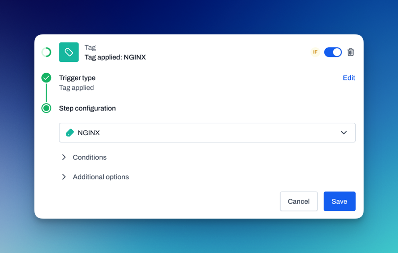 Automation trigger that runs when a device tag is applied or removed in IT management