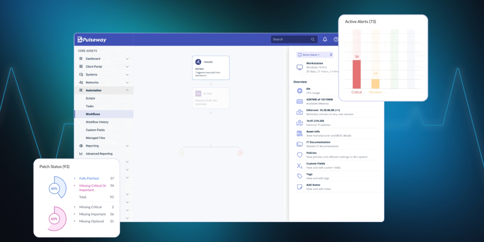 Pulseway dashboard with a device list and overlaid charts for active alerts and patch status.