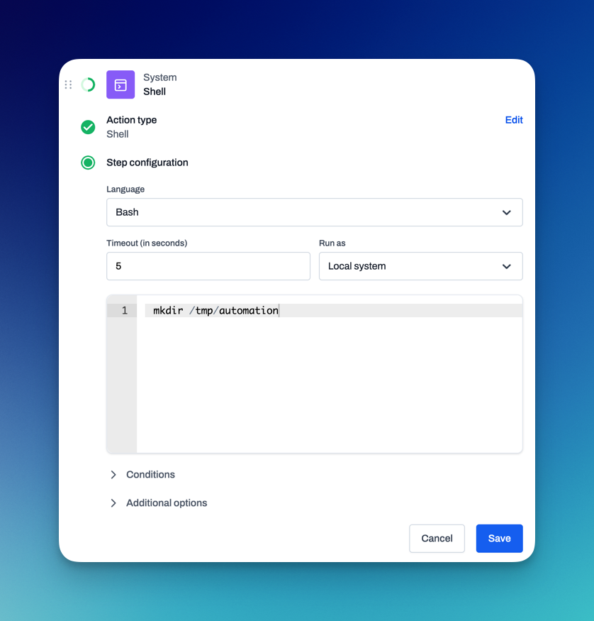 Automation action for executing one-off shell commands to support flexible, context-specific IT tasks