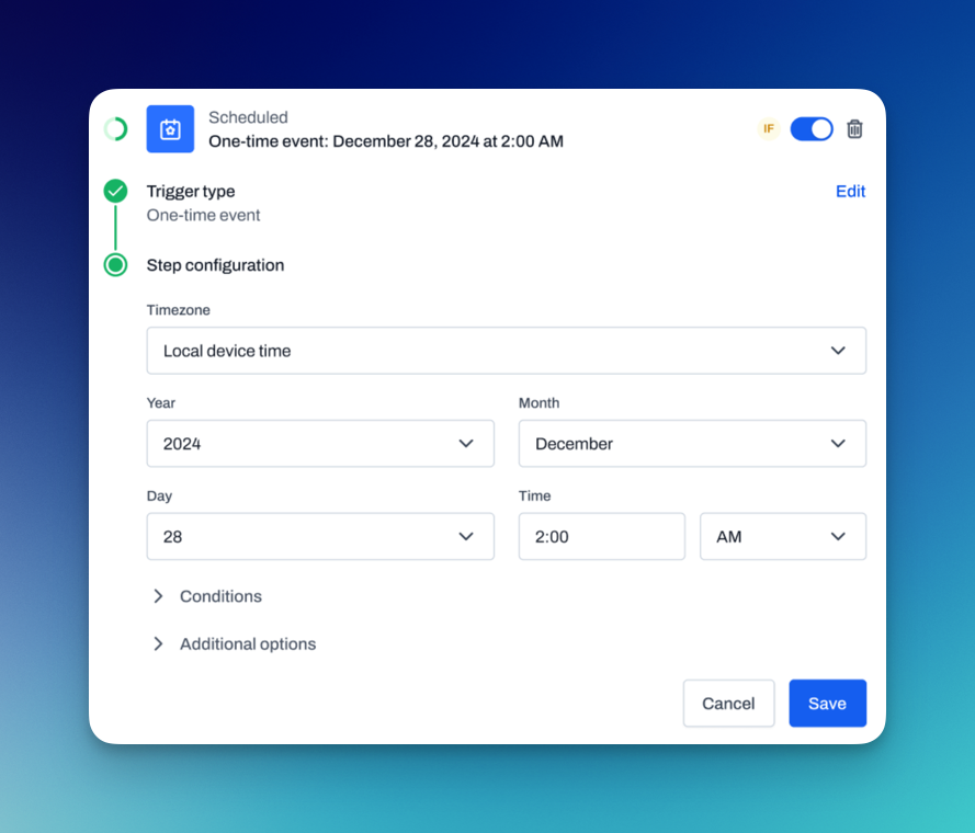 Exact Time trigger that schedules automations to run at a specific date and time