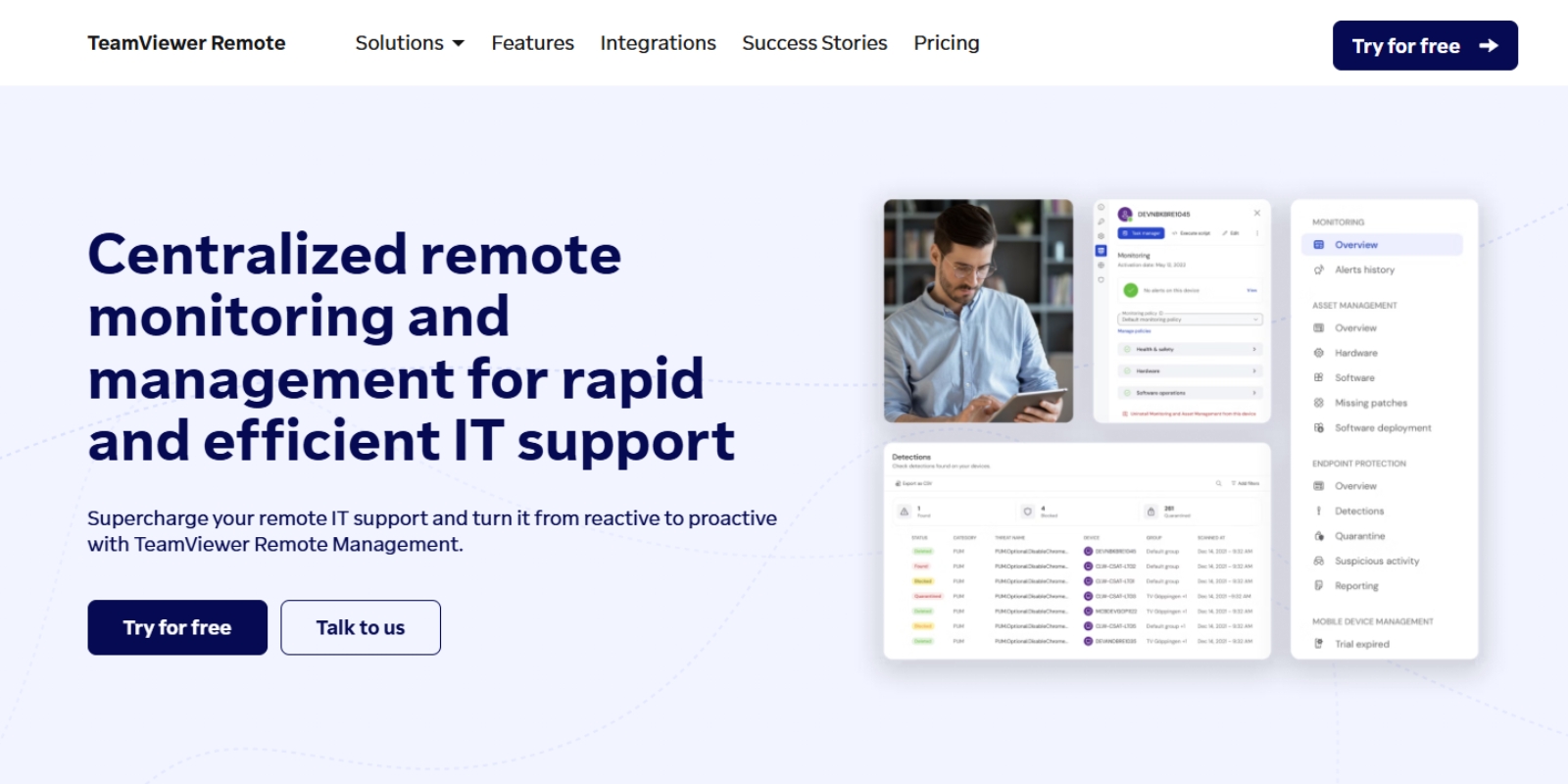 TeamViewer Remote Management webpage showing its remote monitoring and management offering alongside a product dashboard.